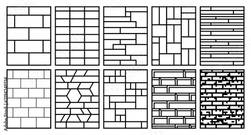 Architectural brick bond patterns and modern wall cladding layouts in black linear vector line art panel set for CAD drafting elevation drawing and facade finishing