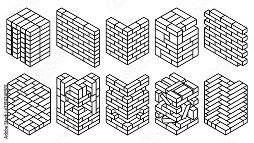 Isometric brick wall structures and corner masonry bonds in black linear vector line art illustration set for architectural CAD drafting 3D construction and elevation planning