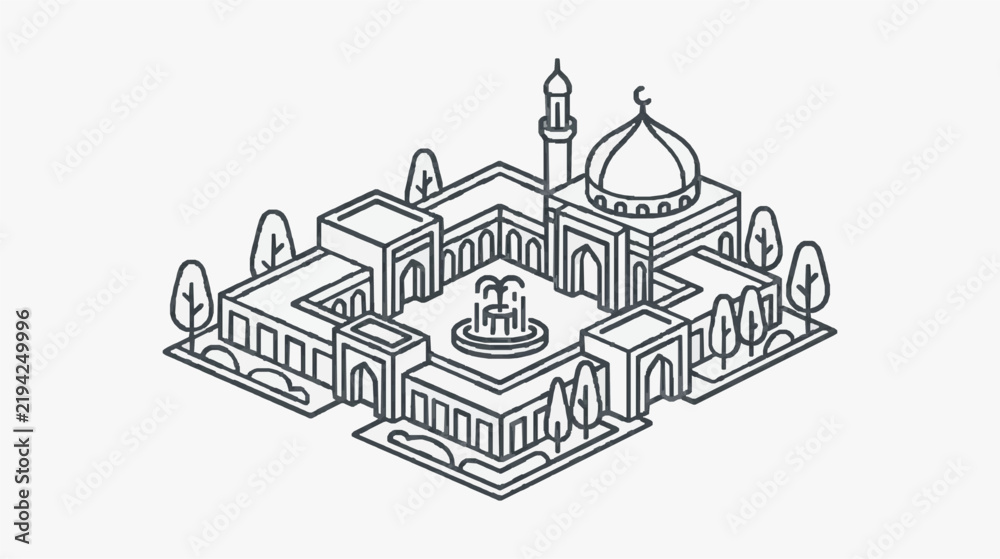 Fototapeta premium Islamic Mosque Complex Architectural Line Art Isometric Perspective