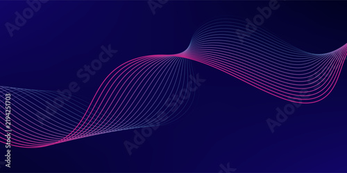 Abstract dark blue technology background featuring glowing pink magenta wave lines, sound wave motion, and futuristic presentation banner design.