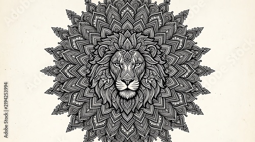 Detailed lion head mandala pattern for coloring monochrome photo