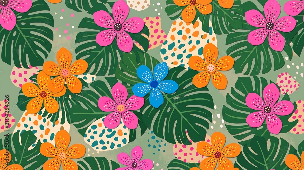 Tropical flowers and monstera leaves seamless vector pattern on a light green background for summer designs