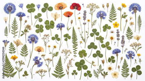Collection of various pressed dried wildflowers and clover leaves with flat lay.