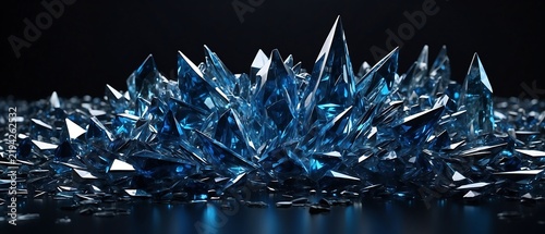 Glowing blue crystal gemstone formations and sharp mineral rocks on a dark surface, abstract geological treasure and fantasy gemstone background texture.