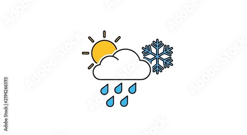 Weather icon featuring a yellow sun a white cloud with rain with icon displays combination against plain background