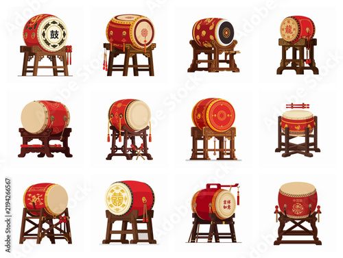 Traditional Red Chinese Festival Drums Collection On Wooden Stands