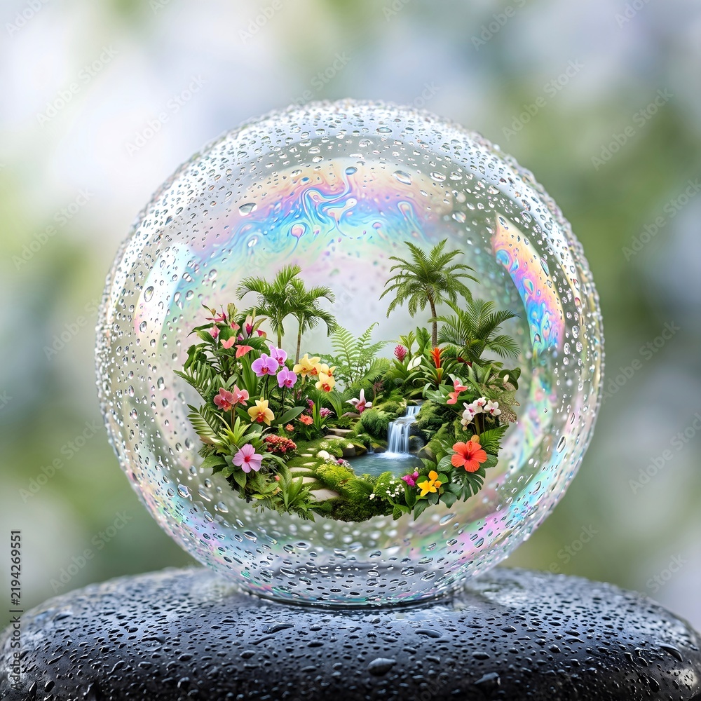 Obraz premium Lush tropical paradise garden with palm trees and waterfall inside a clear water bubble sphere