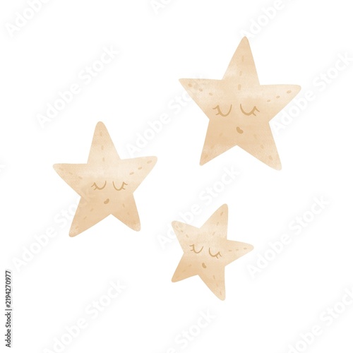 Konstfotografi Cute hand-drawn watercolor boho sleeping stars isolated for baby shower, kids pr