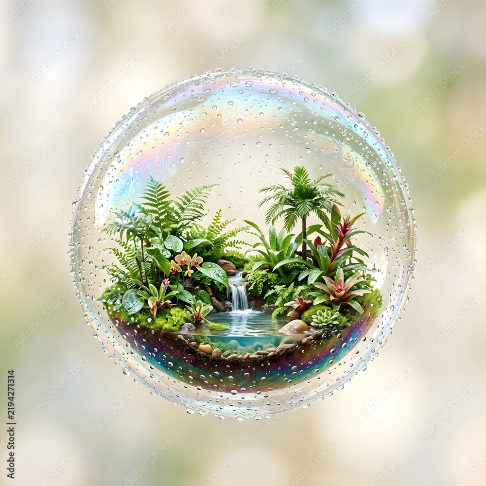Obraz premium Miniature tropical rainforest terrarium with waterfall inside a transparent soap bubble glass sphere