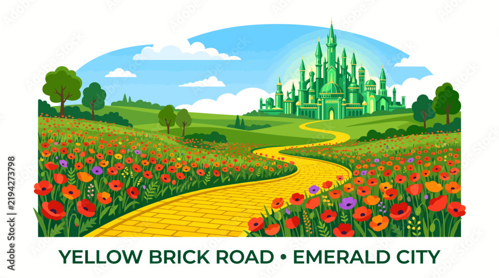 Obraz premium Very beautiful realistic vector illustration of a yellow brick road winding through a vibrant poppy field toward an emerald city, magical fantasy landscape, Label: 