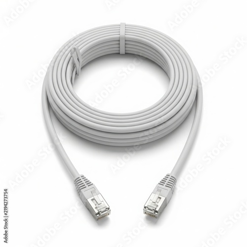 Coiled ethernet network cable with connectors isolated on white background