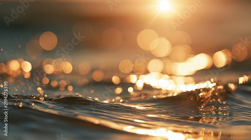 Cinematic macro close up of golden sunset light reflection with beautiful round bokeh on ocean water ripples