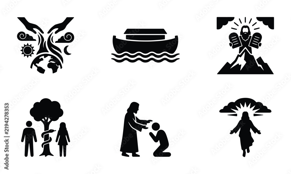 Fototapeta premium Biblical Story Icons Set: Creation, Noah's Ark, Moses, Adam & Eve, Jesus Healing, Ascension - Black & White Vector Graphics