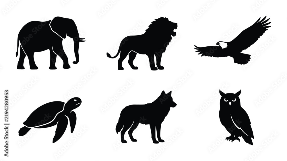Obraz premium Diverse Animal Silhouettes Collection: Majestic Lion, Powerful Eagle, Wise Owl, Gentle Elephant, Swift Turtle, and Fierce Wolf Icons for Nature and Wildlife Designs