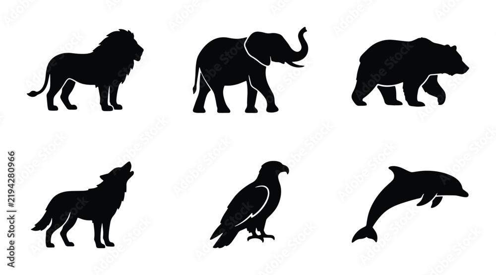 Obraz premium Diverse Wildlife Silhouettes Collection: Lion, Elephant, Bear, Wolf, Eagle, Dolphin Icons. Vector Animal Graphics for Nature and Safari Themes.