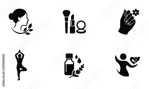 Beauty and Wellness Icons Set: Skincare, Makeup, Yoga, Aromatherapy, Health, and Self-Care Vector Graphics