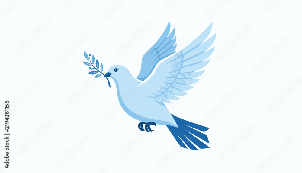 Fototapeta premium Elegant flying light blue dove bird carrying an olive branch as a universal symbol of peace freedom and hope