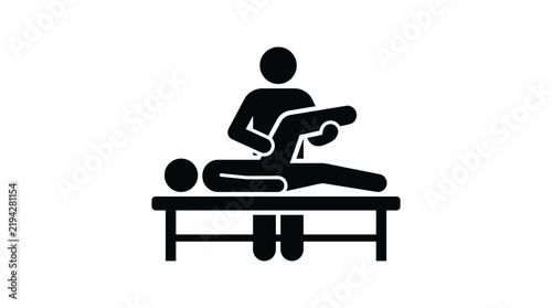 Professional physical therapist performing therapeutic exercise on patient lying flat on medical examination table vector illustration