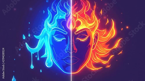 Stylized neon face split by fire and ice.