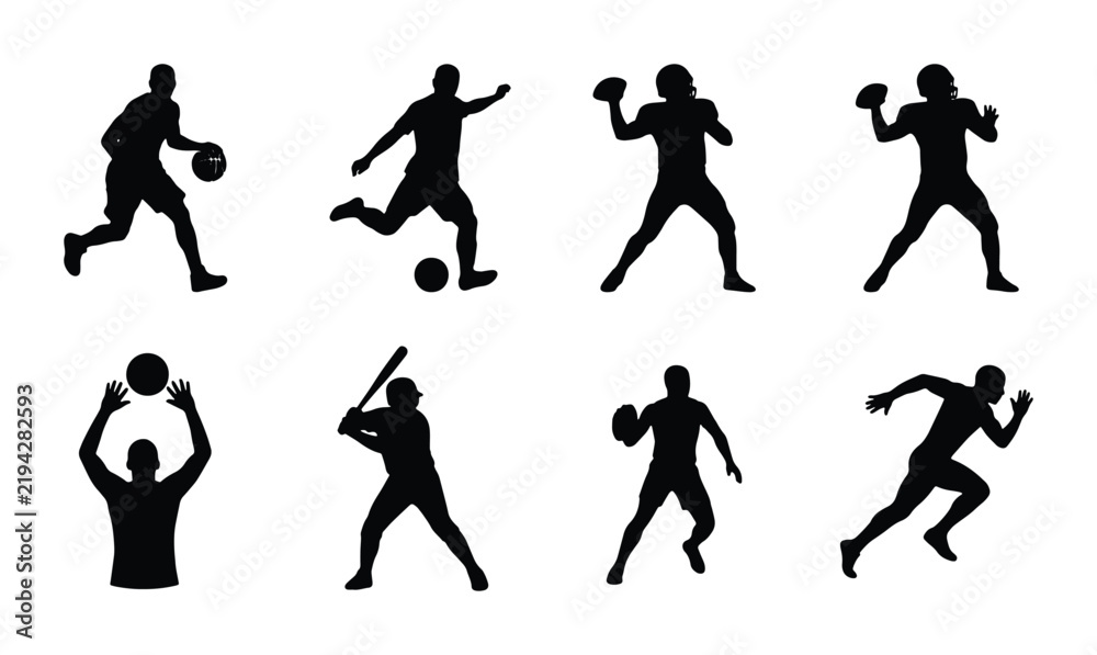 Obraz premium Diverse Sports Silhouettes: Action Figures for Basketball, Soccer, Football, Baseball, Running & More