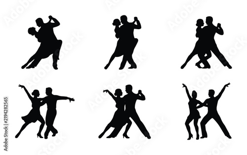 Silhouette Dance Couples Vector Icons, Ballroom Dancing Pair Poses, Romantic Movement Graphics, Elegant Social Activity Set