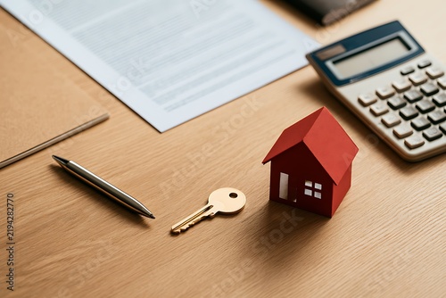 Flatlay of house purchasing documents, golden key, house model, pen, and calculator on clean wooden desk, real estate investment and mortgage concept.