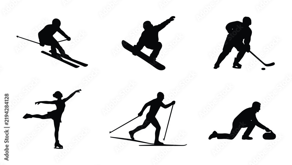 Fototapeta premium Winter Sports Silhouettes: Skiing, Snowboarding, Hockey, Figure Skating, Cross-Country Skiing, Curling Icons