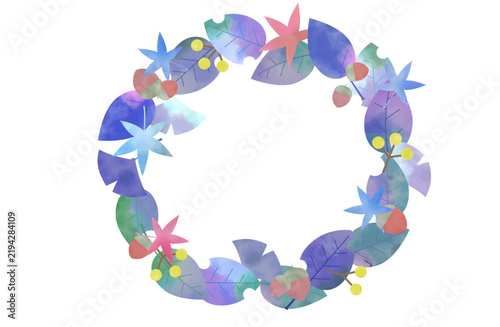 Watercolor blue and cool tone autumn leaves round wreath frame