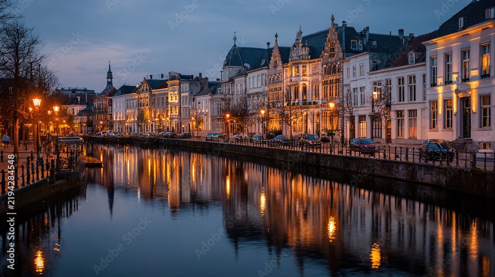 Fototapeta premium waterway. A serene canal mirroring historic buildings under the glow of twilight. real-estate listings, architecture portfolios, designed for interior renovation comparisons for interiors.