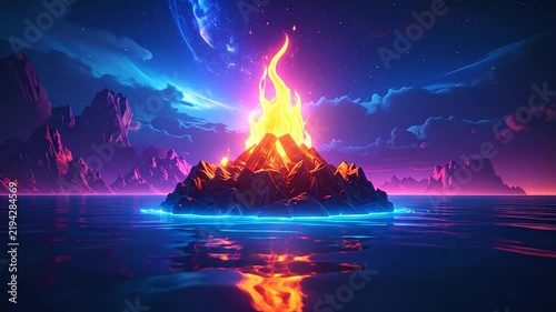 Night campfire on rocky island in glowing neon ocean.