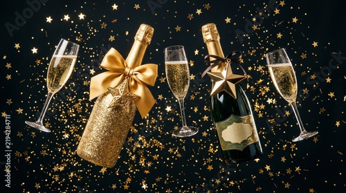 Elegant Champagne Bottles with Golden Bows and Flutes on Starry Background