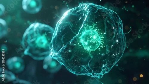 Single bioluminescent cell with glowing nucleus in teal.