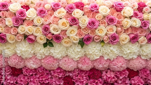 Dense floral wall installation featuring layered pink and white roses and hydrangeas