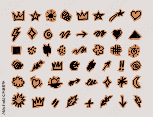 Funky doodle scrapbook collage vector stickers. Crayon drawn doodle elements cut out on beige craft paper. Hand drawn scrapbook stickers with squiggle lines, underlines, stars, arrows and crowns.