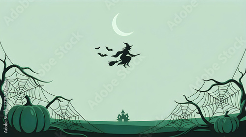 Spooky Halloween silhouette illustration featuring a witch flying on a broomstick across a crescent moon, dark bats and a haunted castle in the distance. Eerie graveyard scene with large
