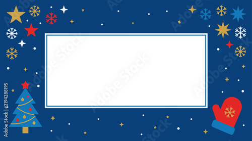 Holiday photo frame banner with christmas tree and mitten on blue background.