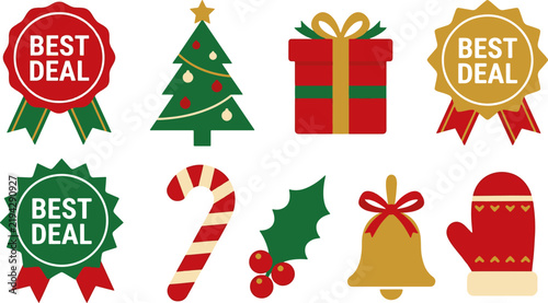Christmas holiday best deal badges and festive winter ornament vector collection.