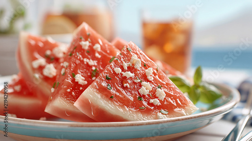 Slices of watermelon topped with feta cheese and herbs on a blue plate, with a glass of iced tea in the background, creating a refreshing summer dish