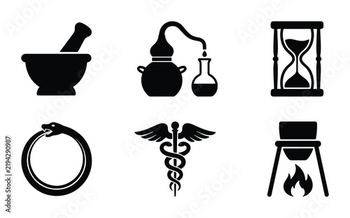 Alchemy Symbols Vector Icons: Mortar Pestle, Alembic, Hourglass, Ouroboros, Caduceus, Alchemy Lab