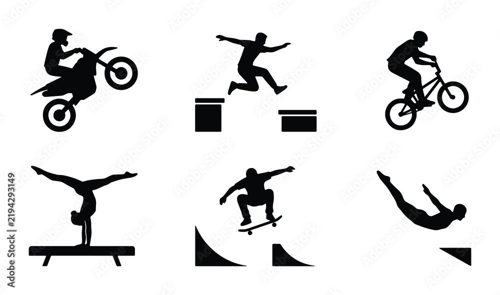 Obraz premium Extreme Sports Silhouettes: Motocross, BMX, Gymnastics, Skateboarding, Diving, Parkour Vector Icons