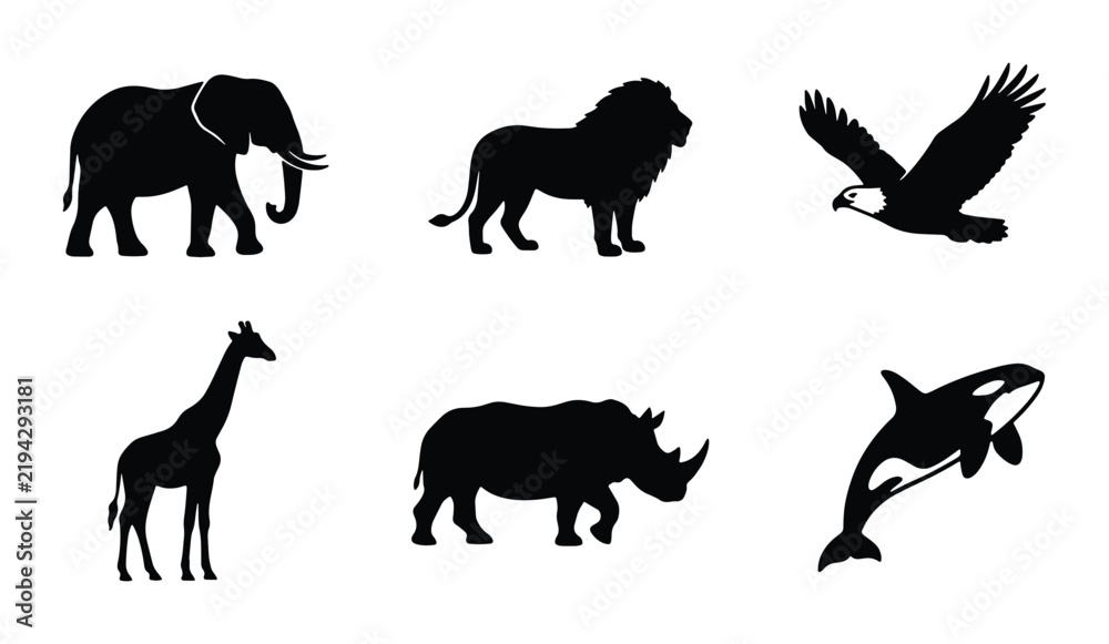 Obraz premium African Wildlife Silhouettes: Elephant, Lion, Giraffe, Rhino, Eagle, Orca, Vector Icons for Nature and Safari Themes