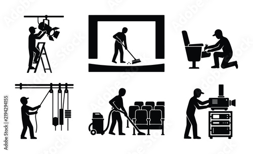 Cinema Maintenance Icons: Lighting Rig, Stage Cleaning, Seat Repair, Projector Setup, Auditorium Vacuuming