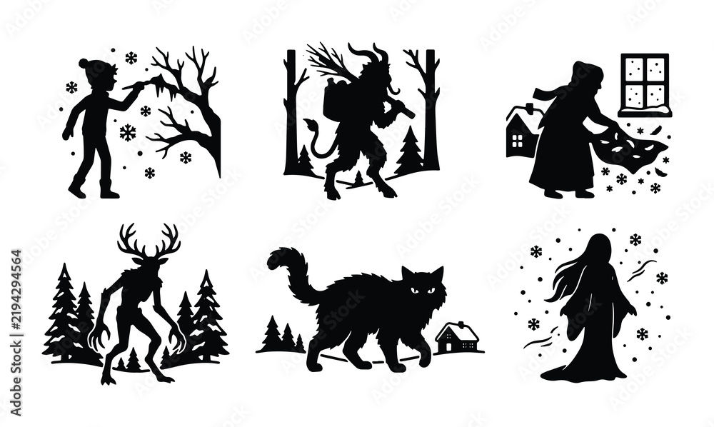 Fototapeta premium Krampus and Folklore Characters Silhouette Set, Winter Holiday Legends, Mythical Creatures Vector Icons