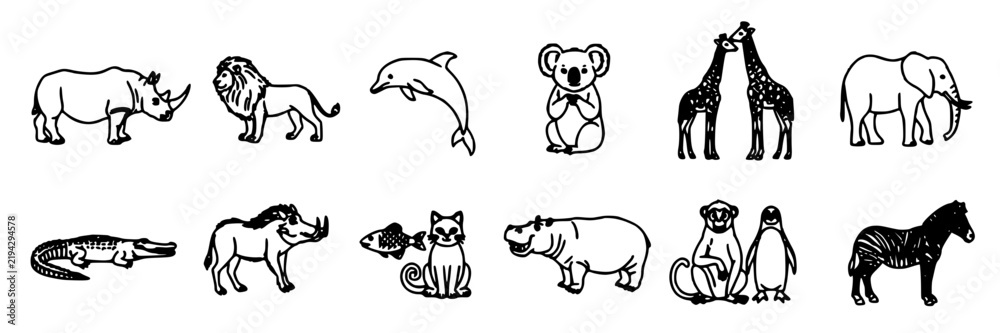 Obraz premium Wildlife Animal Icons Set, Featuring Rhino, Lion, Dolphin, Koala, Giraffe, Elephant, and Other Creatures