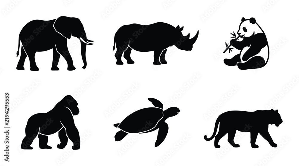 Fototapeta premium African Elephant, Rhino, Panda, Gorilla, Turtle, Tiger Silhouettes. Wildlife Animal Icons Set.
