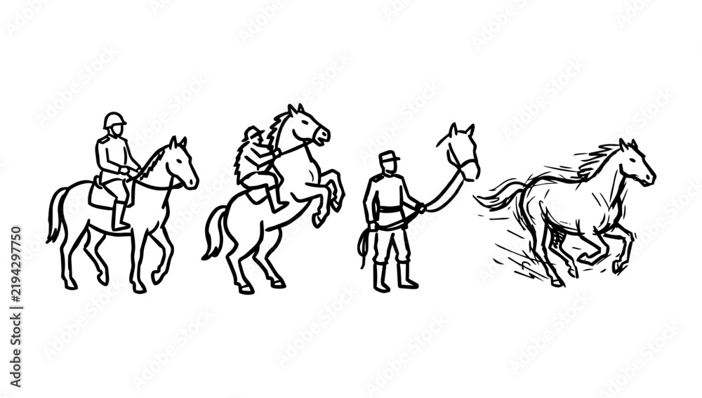 Fototapeta premium Mounted horse riders walking carefully across rough terrain beautifully captured in minimalist doodle art