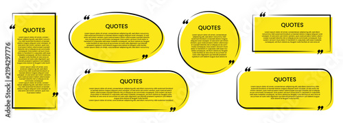 Set of yellow isolated quote frames. Speech bubbles with quotation marks. Quote frame with space for text. Set of quotation bubbles. Quote text box collection. Vector illustration.