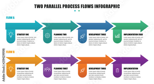 фотографія Two parallel process flows infographic template with four horizontal sequential