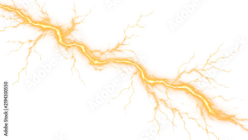 Golden lightning bolt isolated on transparent background. Electric discharge flash effect