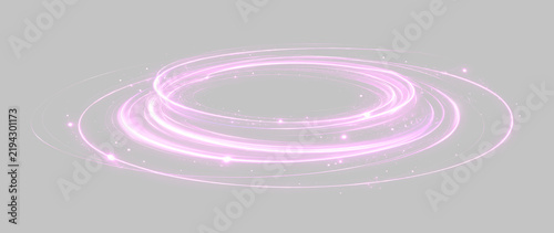 Pink glowing light swirl with sparkles. Abstract circular motion effect on transparent background